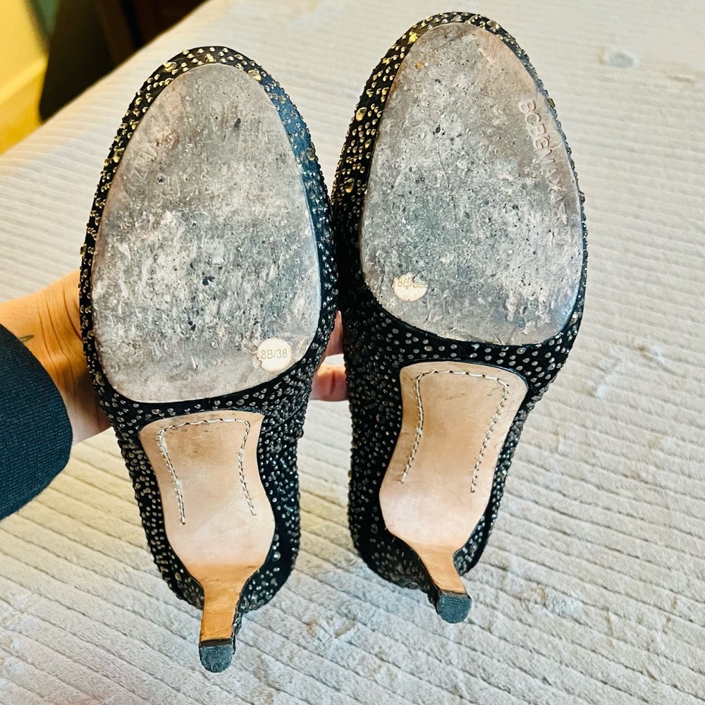 BCBGMAXAZARIA Black Satin & Champagne Rhinestone Round Toe 1"Platform Stilettos - Picture 5 of 9